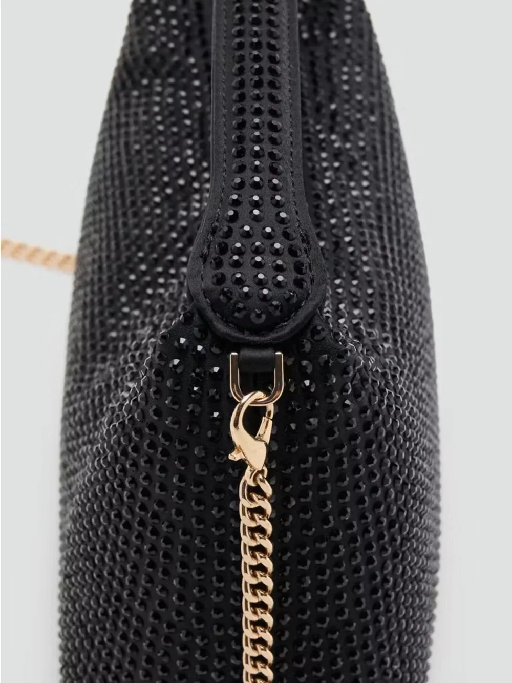 Black Crystal-Embellished Shoulder Bag with Gold Chain